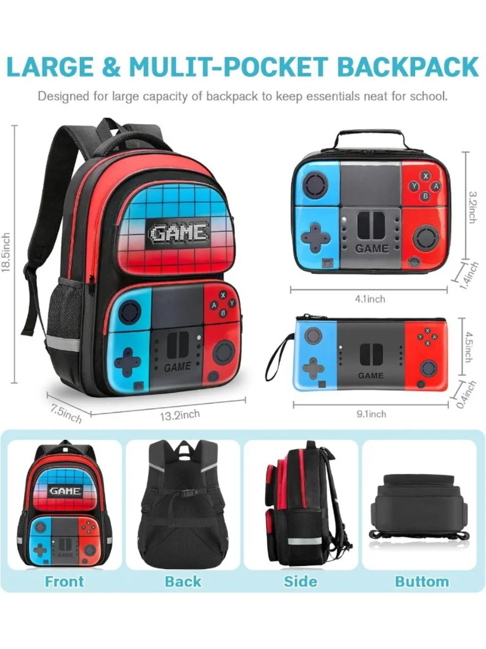 3-in-1 Boys Gaming Backpack Set with Lunch Bag & Pencil Case, Fits 15.6